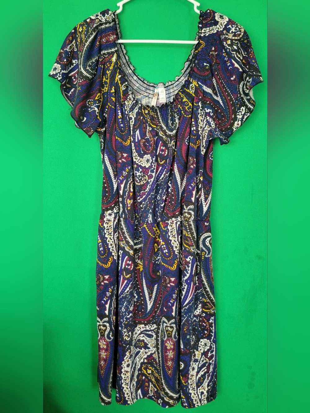 Paisley Scoop-Neck Midi Dress Navy 0 6 Degrees Size XL Womens Smocked Ruffle